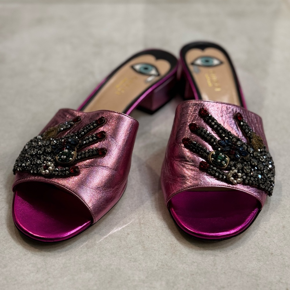 Gucci Metallic Pink Embellished Slide Sandals